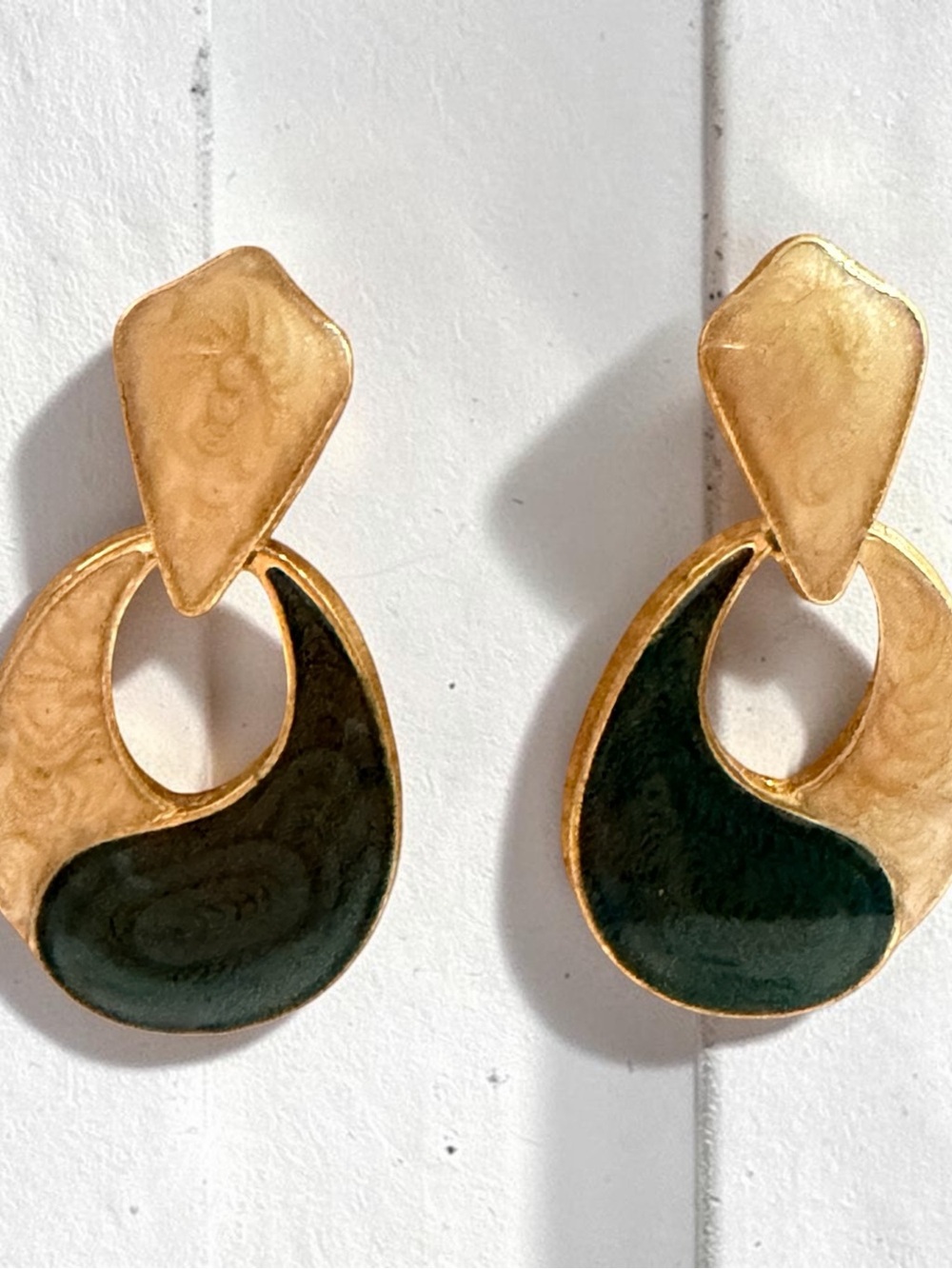 Gold and Dark Green Resin Drop Earrings